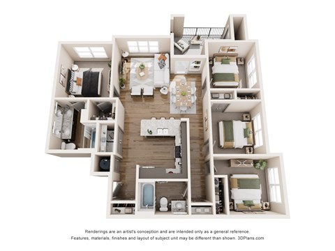 Floor plan for 4 beds, 2 baths, 1362 sqft